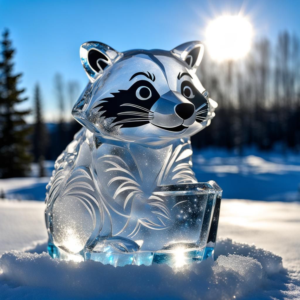 Glistening Ice Raccoon Sculpture on Snowy Mountain