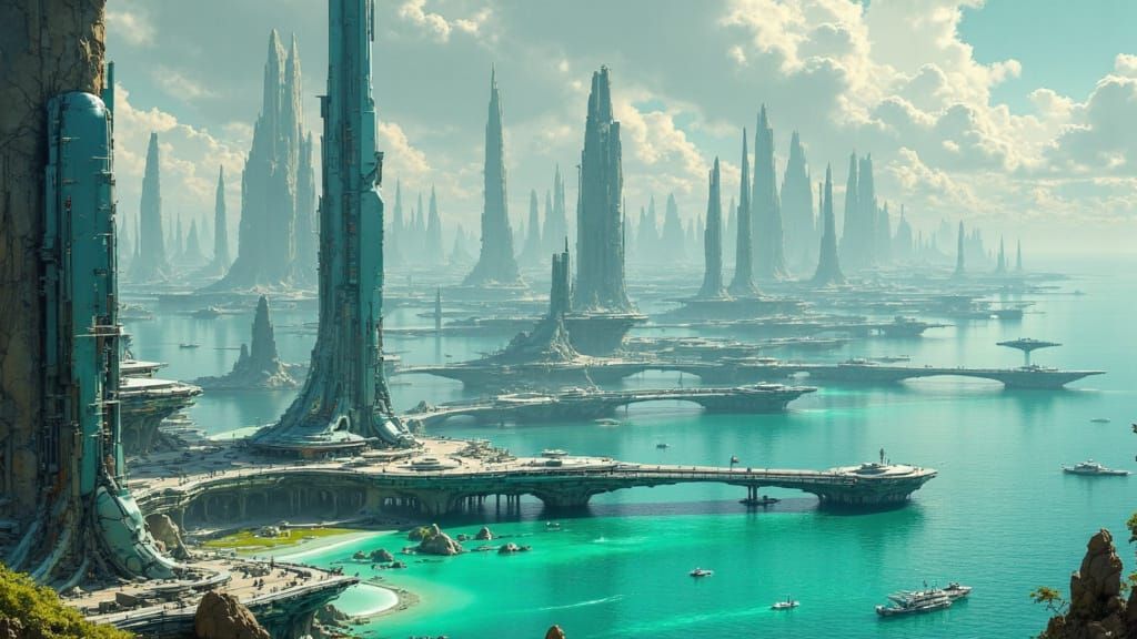 Alien Cityscape by Turquoise Ocean in Googie Style