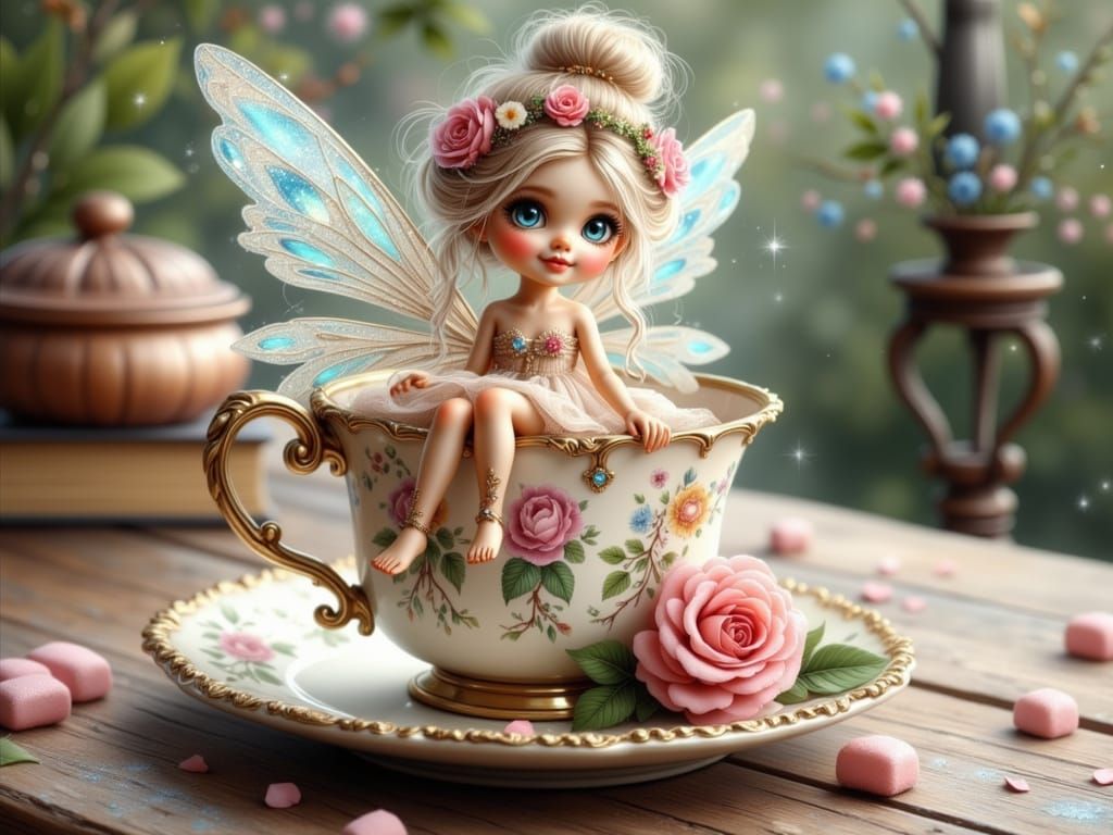 Whimsical Fairy Doll in Teacup Watercolor Illustration