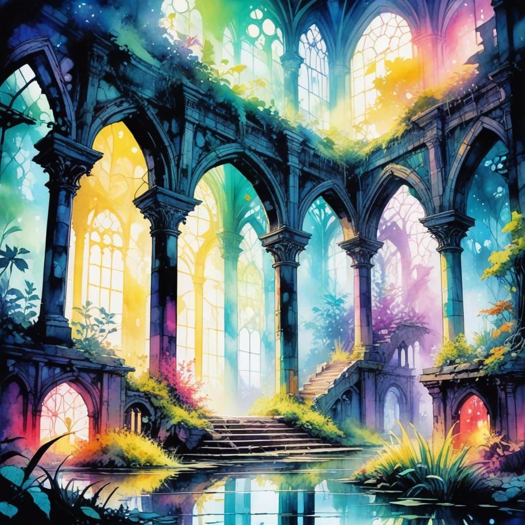 Ethereal Fantasy Ruins in Vibrant Watercolor