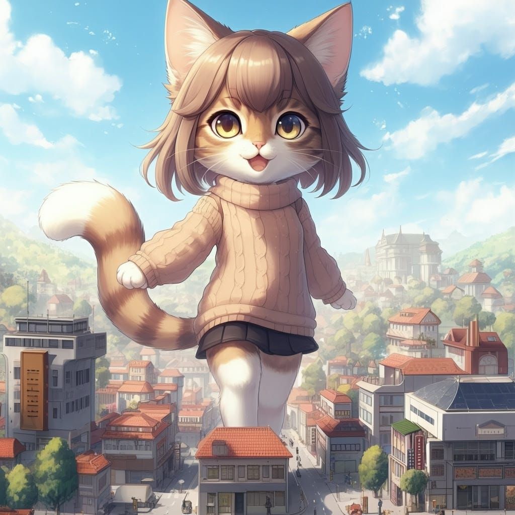 Majestic Giant Kitten Stomps Through Whimsical Cityscape