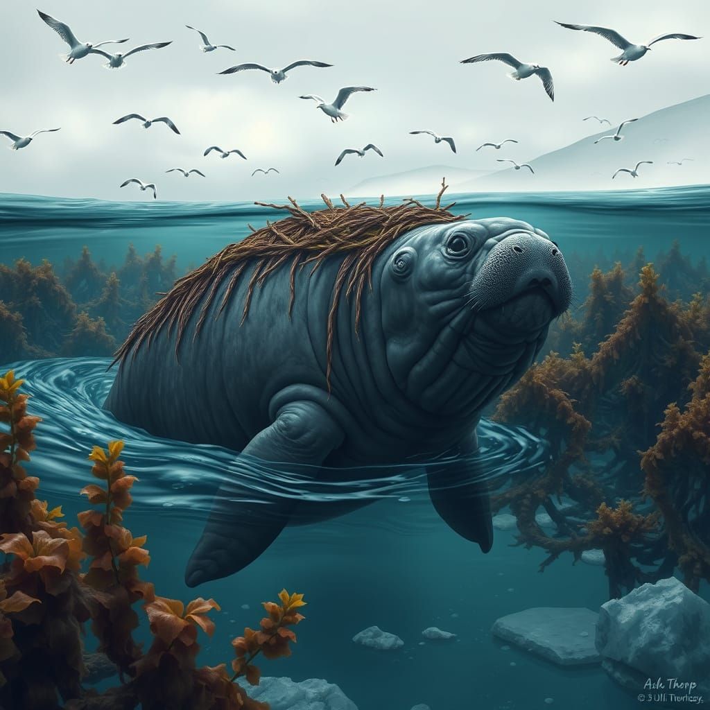 Steller's Sea Cow in Kelp Forest, Hyperrealistic Style
