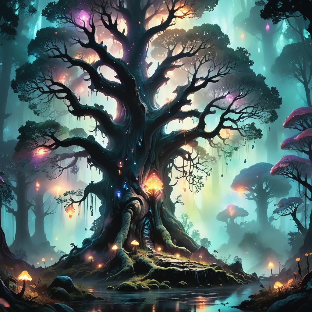 Mystical Crystal Tree in Glowing Forest
