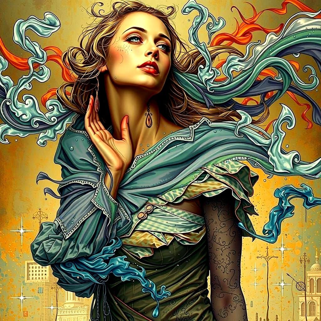 Dreamlike Woman in Swirling Mists: Hyperrealistic Expression...