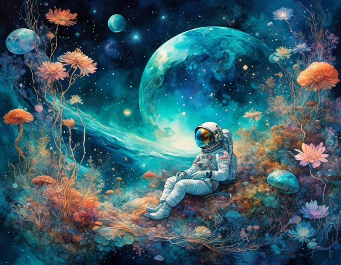 Astronaut in Alien Garden Reflecting the Universe