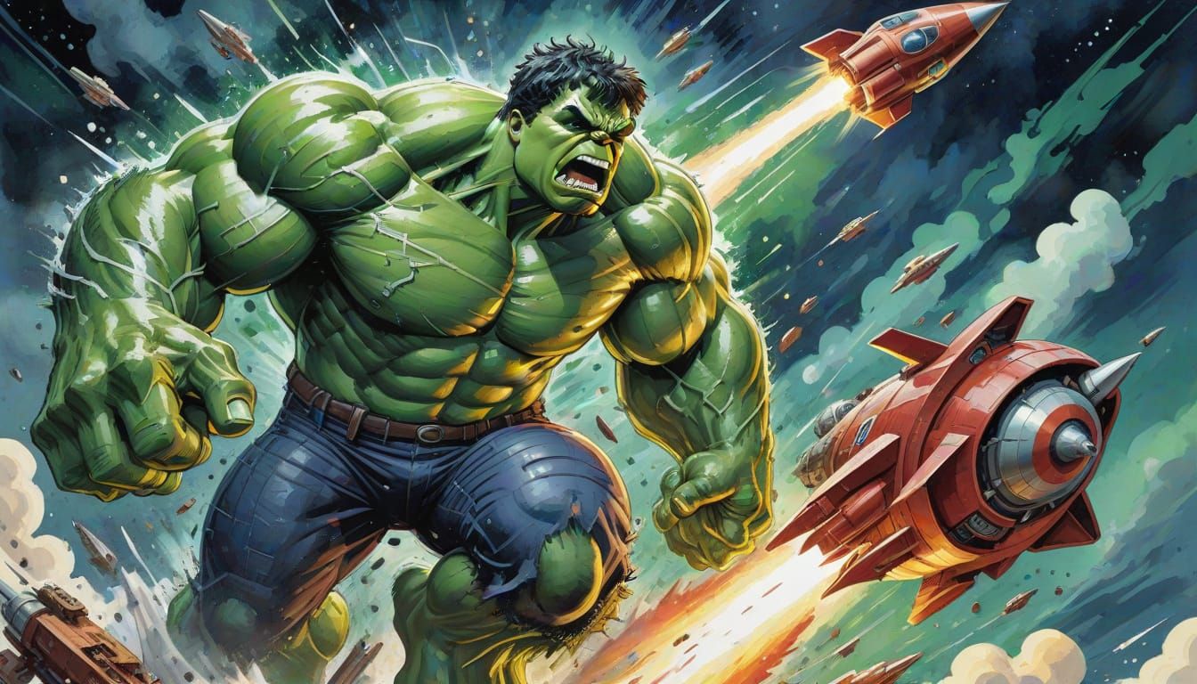 Hulk Smashes Rocket: Comic Book Art in Gouache Style