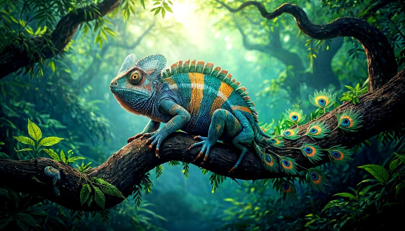 Chameleon Peacock Hybrid in Mystical Glowing Forest