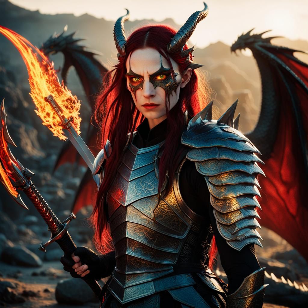 Dragon Woman with Fiery Sword in Medieval Armor
