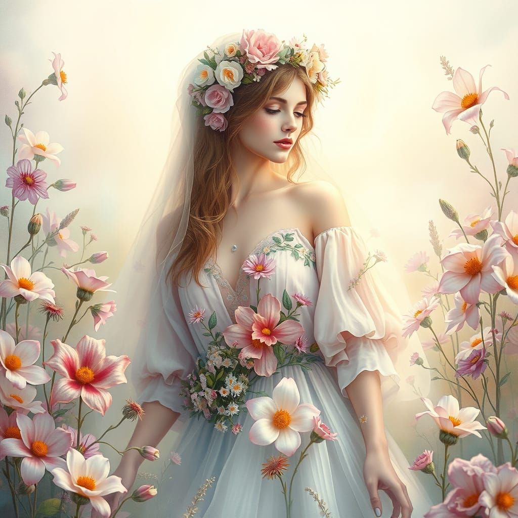 Ethereal Flower Woman in Watercolor Style