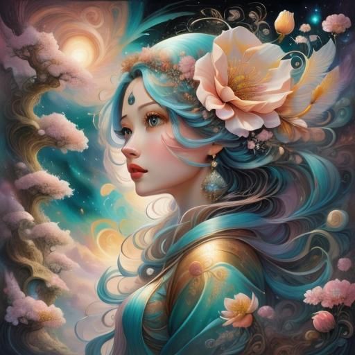 Spiraling Double Exposure Blossom Bird Tree