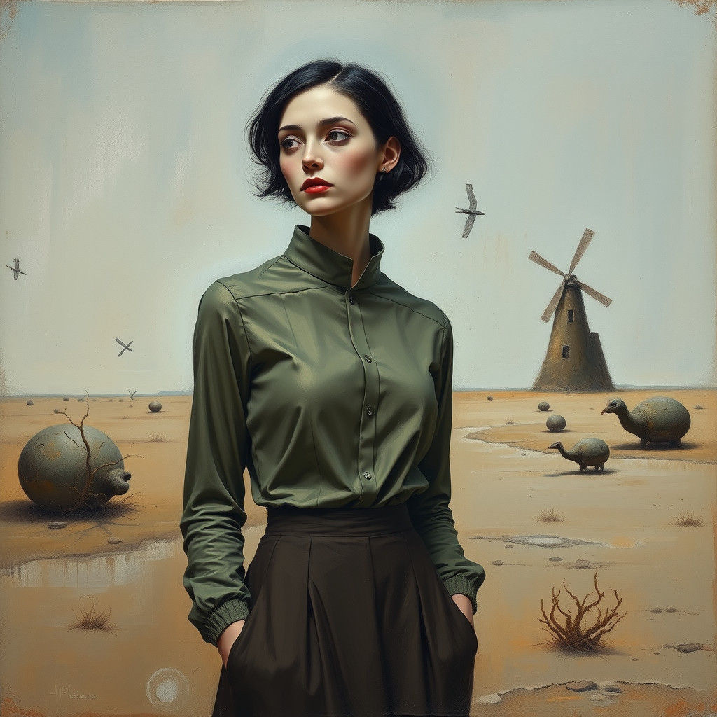 Contemplative Woman in Surreal Impasto Landscape