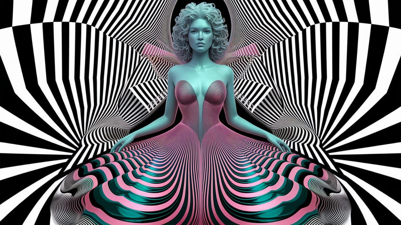 Surreal Woman in Kaleidoscopic Op Art Collage