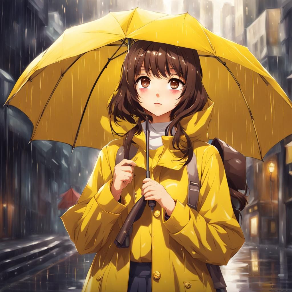 Anime Girl in Yellow Raincoat with Umbrella