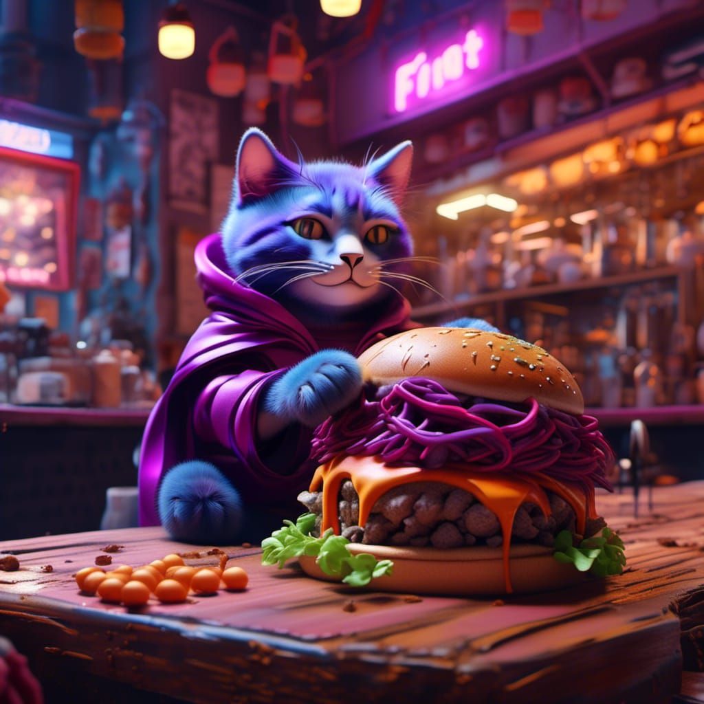 Hungry Cat Purple Riding Hood at Burger Shop