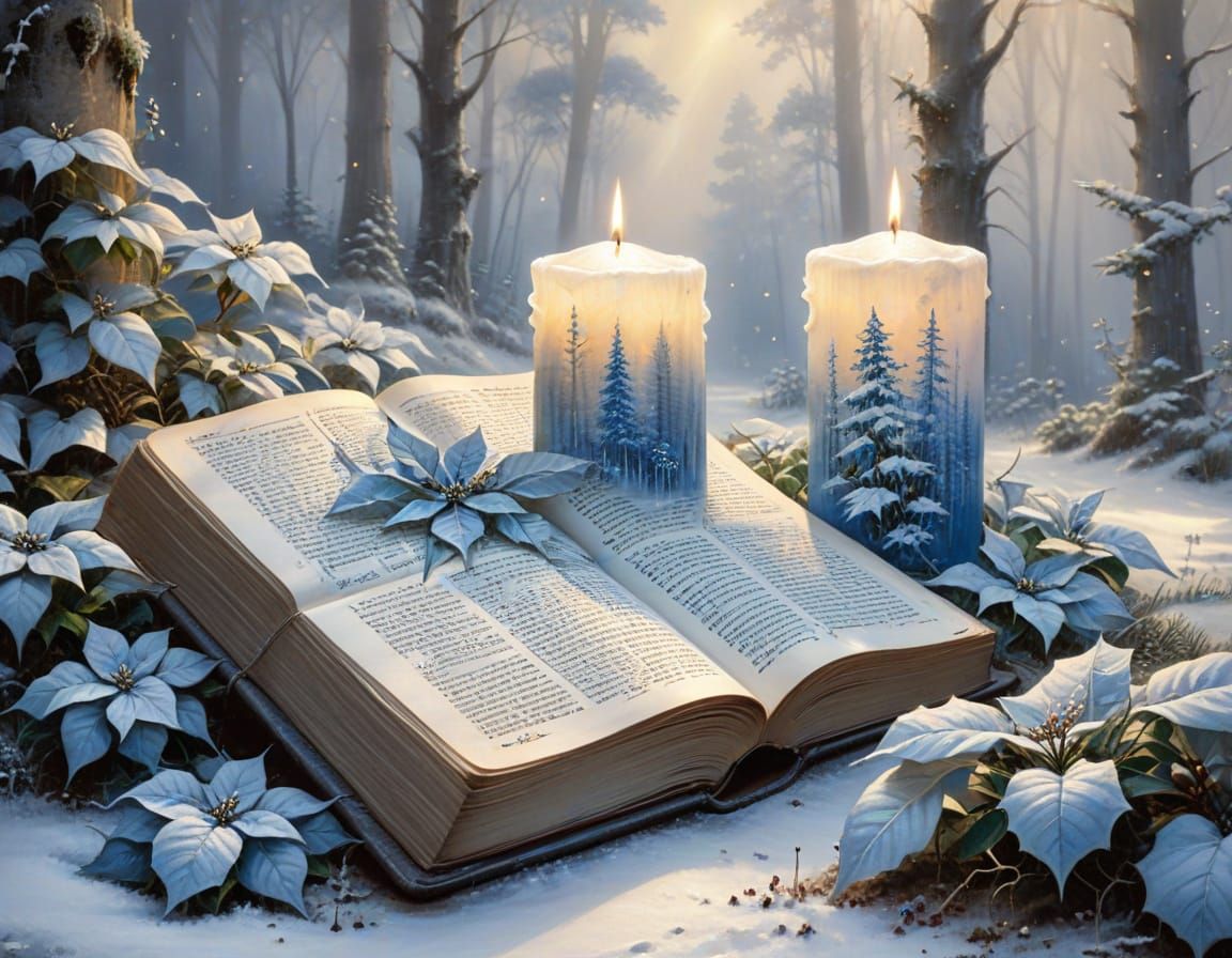 Candles and Bible in Snowy Forest Clearing