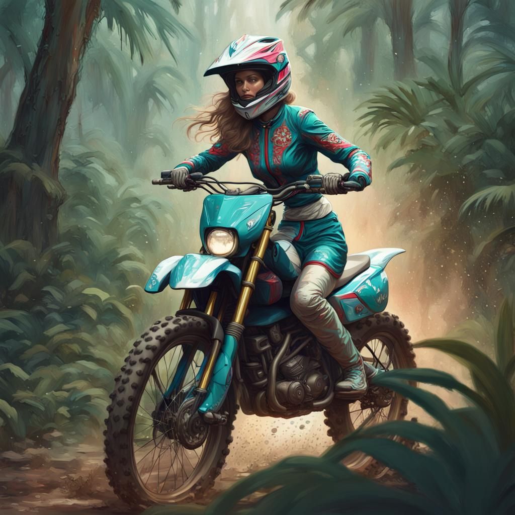 Victorian Woman on Motocross Bike, Hyperdetailed Portrait