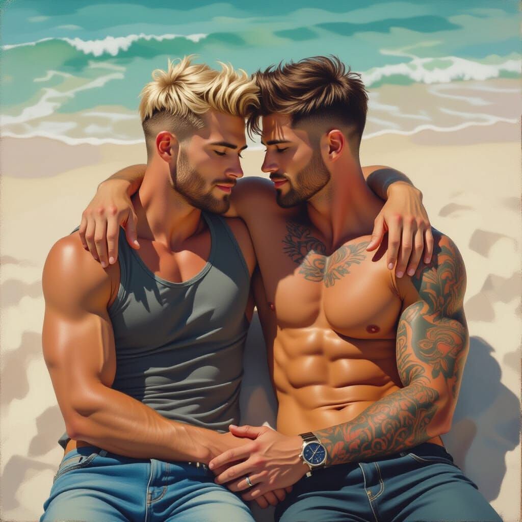 Romantic Beach Embrace: Oil Painting of Two Men in Love