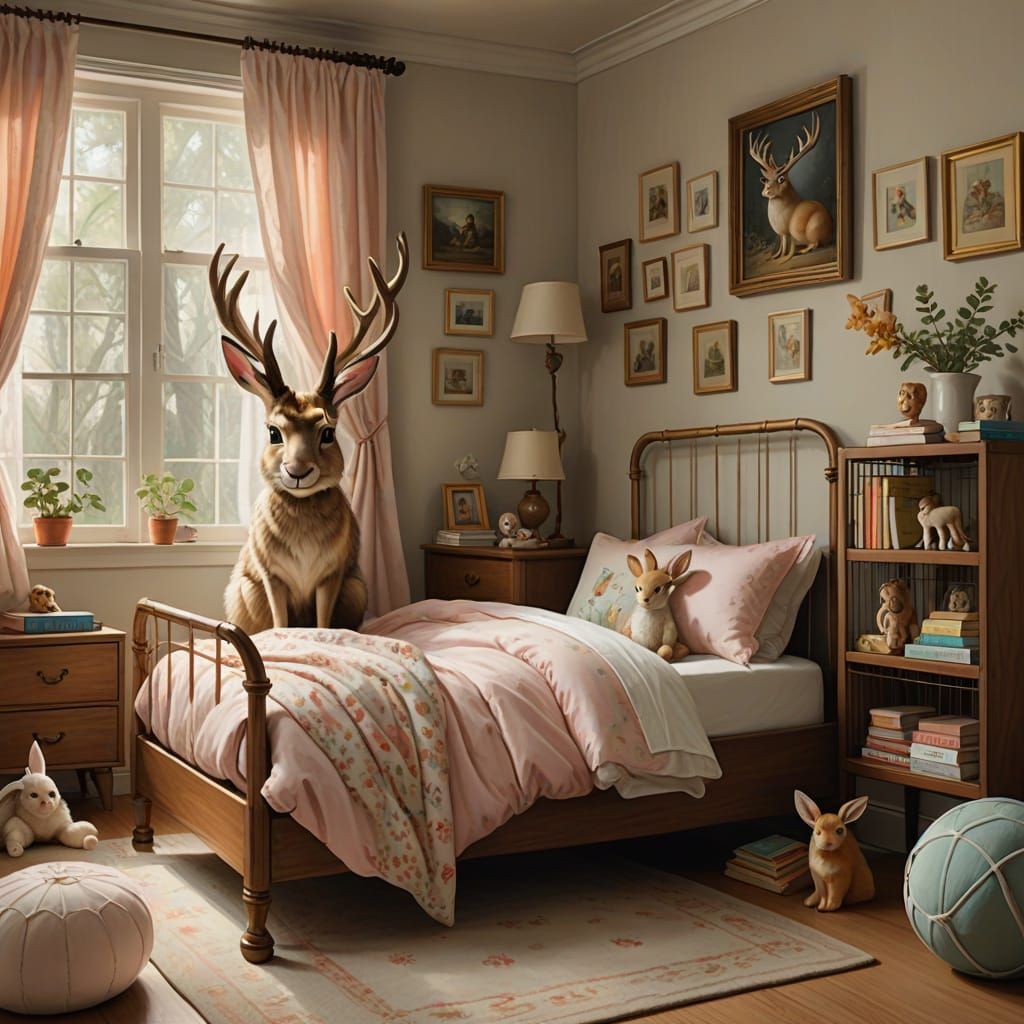 Whimsical Jackalope in a Cozy Mid-1980s Bedroom