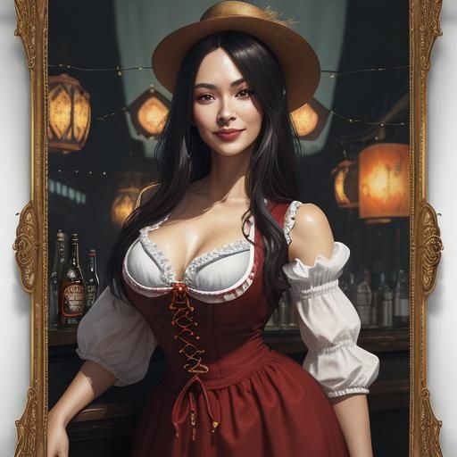 Bavarian Woman in Dirndl Dress in Beer Garden