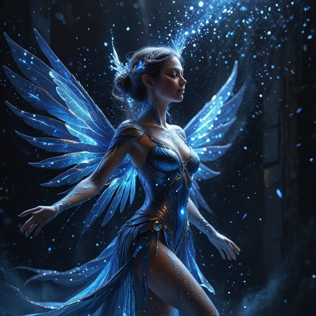 Blue-Winged Fairy in Luminescent Cascade