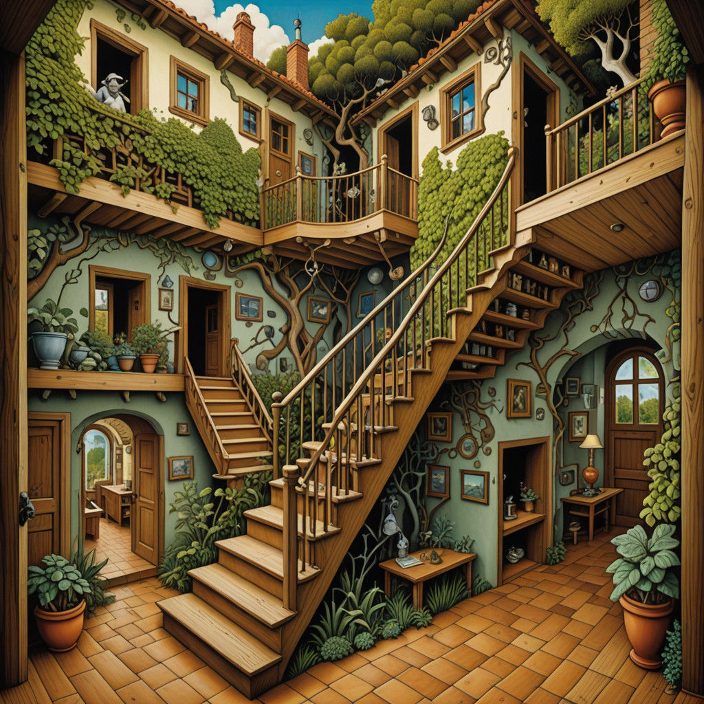 Surrealist Topsy-Turvy Garden Scene in Mixed Media