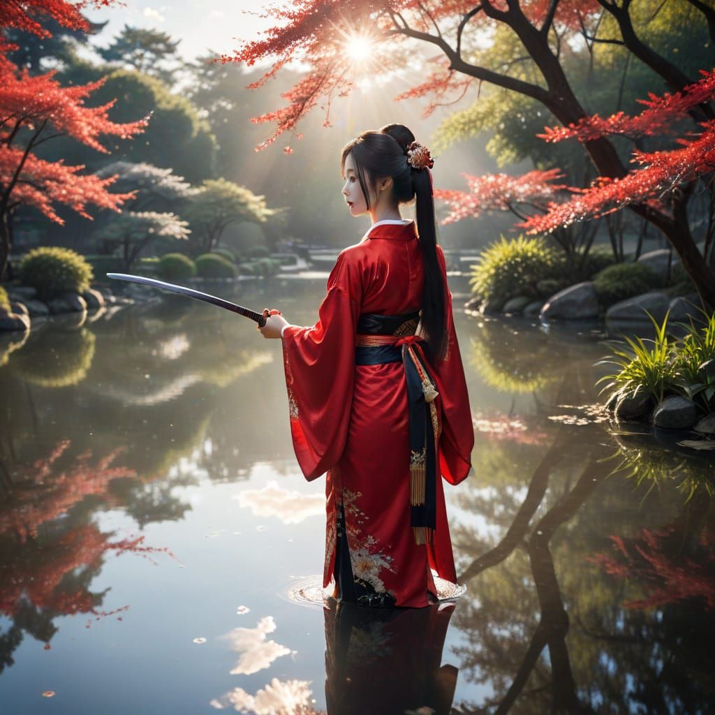 Geisha with Samurai Sword Gazing at Pond Reflection