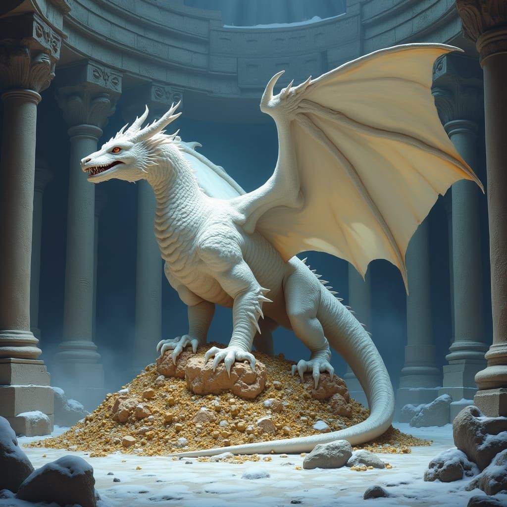 Massive White Dragon Guards Treasure in Snowy Dungeon