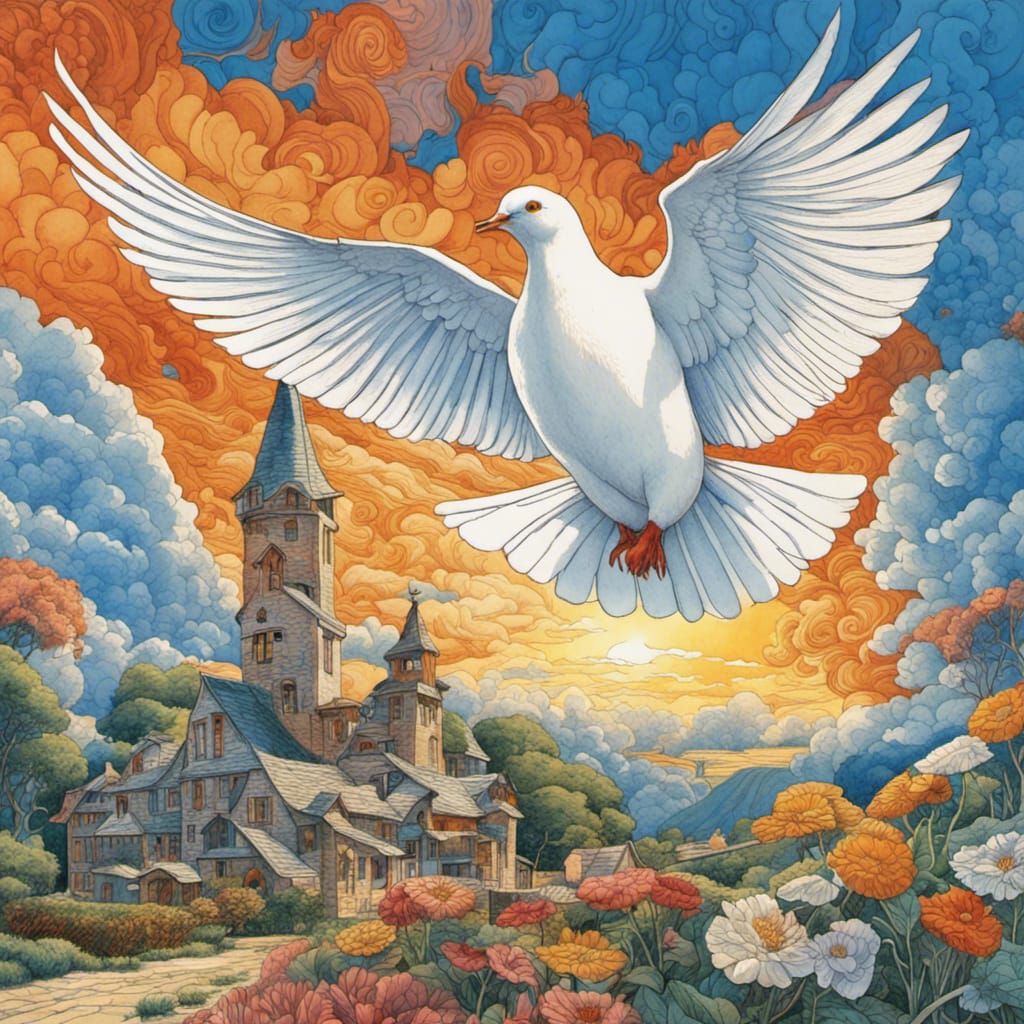 White Dove Over Flowery Hamlet in Watercolor Style