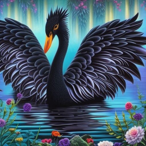 Black Swans in Mystical Environment, Detailed Digital Art