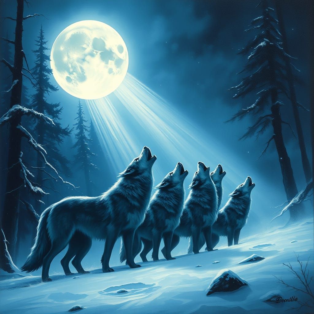 Wolves Howling at Luminous Moon in Snowy Forest