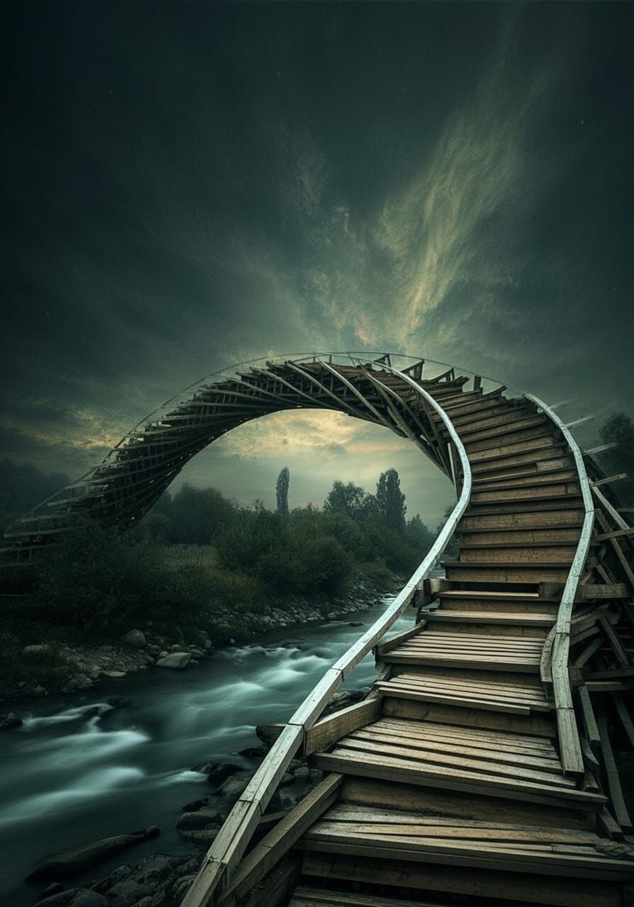 Folded-Wood Bridge Under Entropic Algorithm Alien Sky