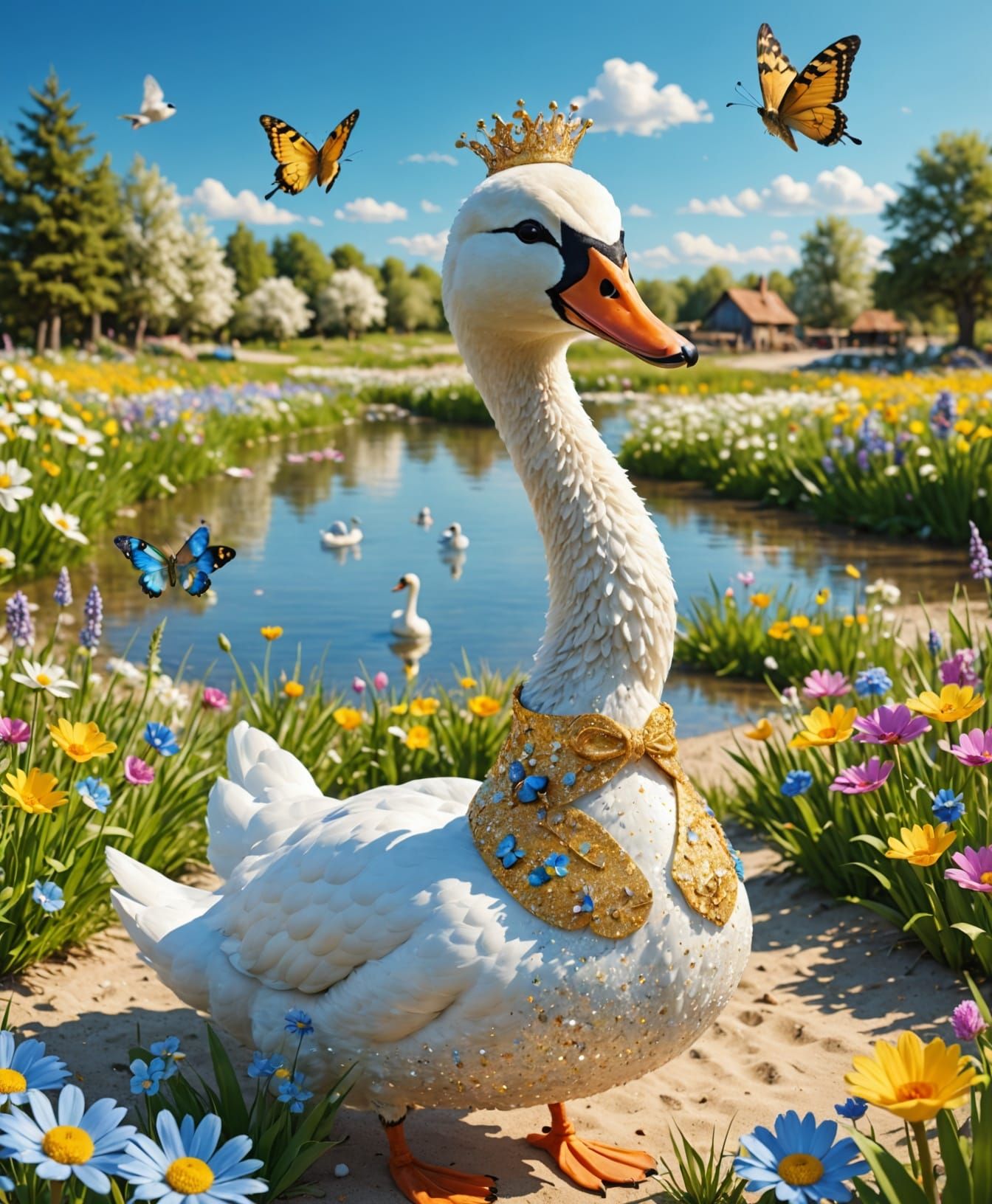 Colorful Swan in Vibrant Folk Costume in a Spring Meadow