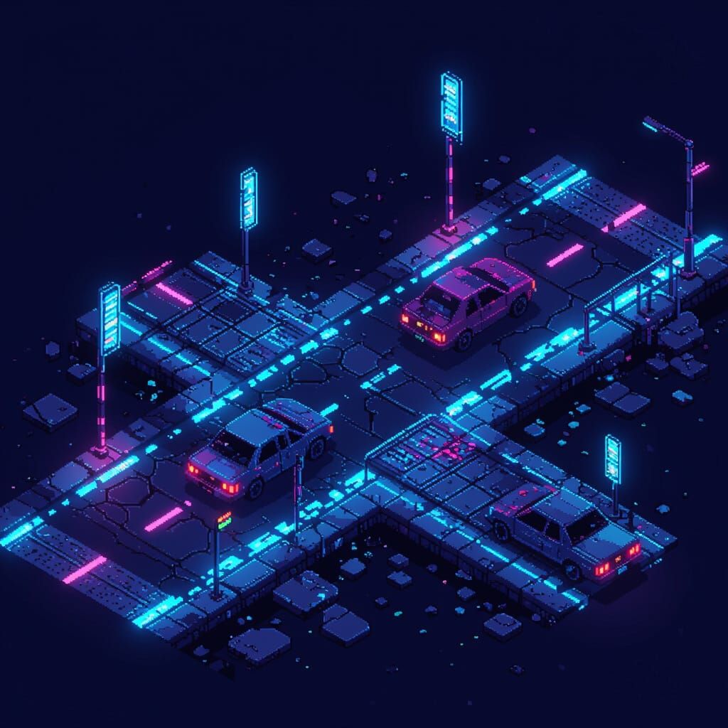 Futuristic Isometric Pixel Art Tileset with Neon Lights