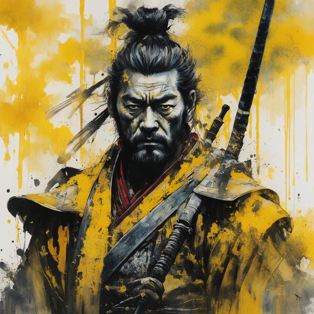 Samurai Portrait in Double Exposure Watercolor Style