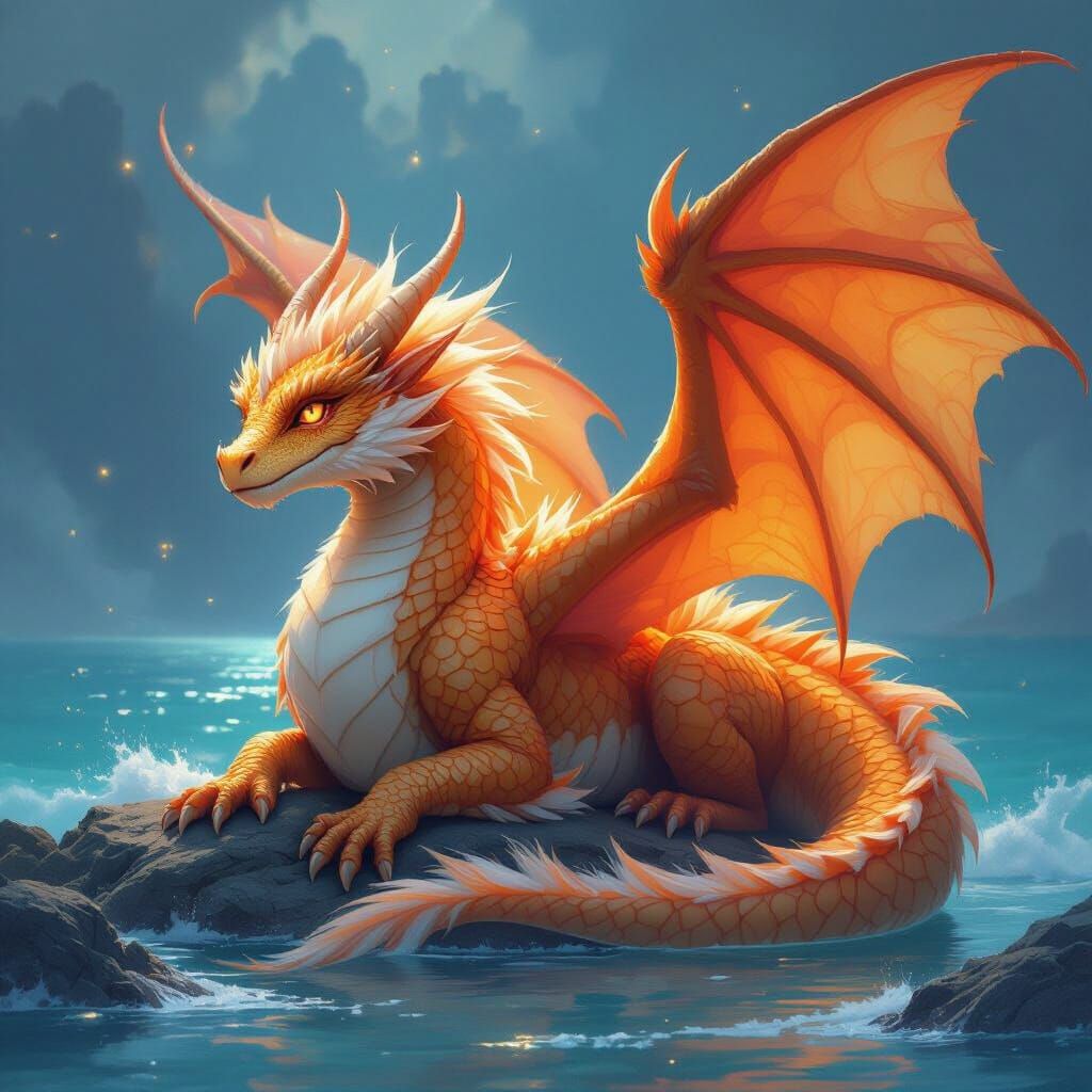 Majestic Water Dragon with Orange Fur by the Ocean