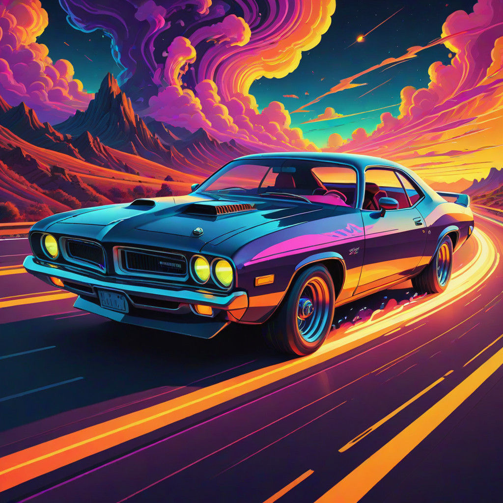 Retro Futuristic 1976 Plymouth Barracuda Speeds Down a Windi...