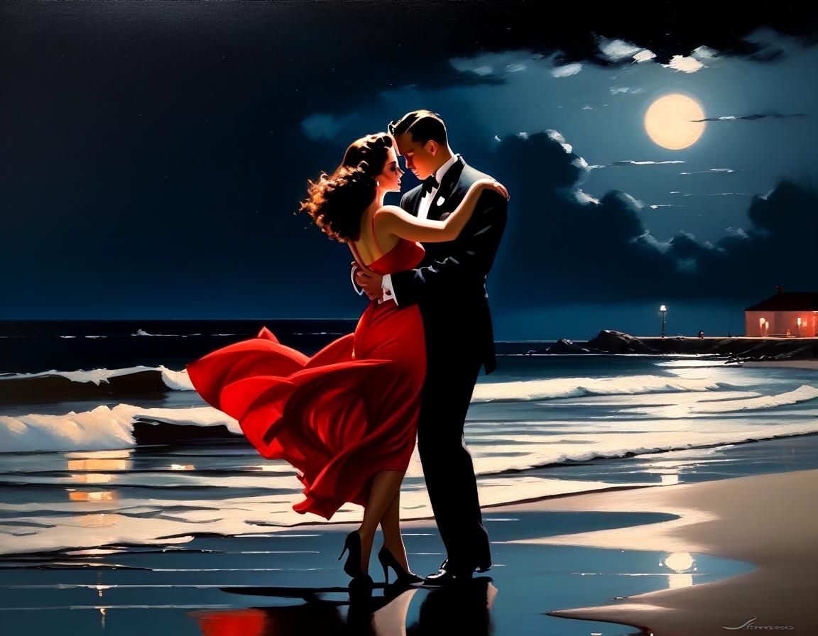 Romantic Beach Dance in Moonlight, Oil Painting Style