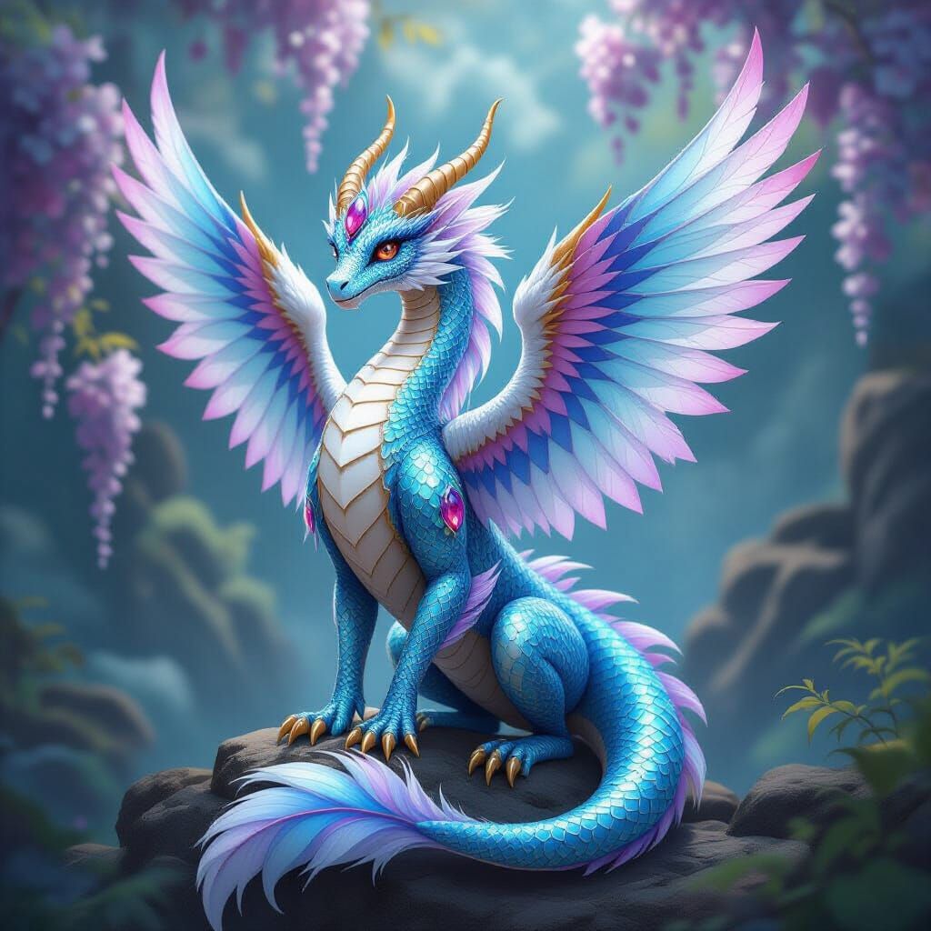 Wisteria Crystal Dragon with Feather Wings, in Yugioh Style