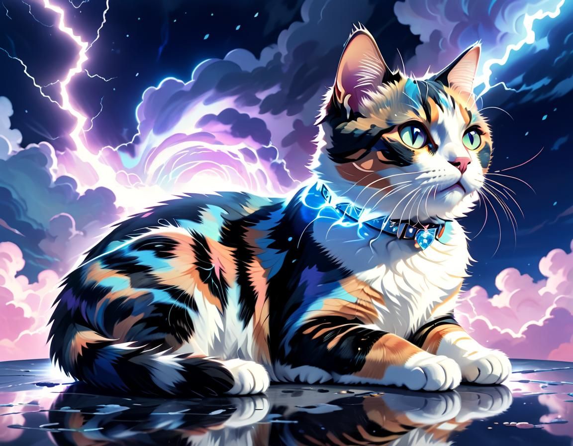 Glowing Calico Cat with Silver Lightning