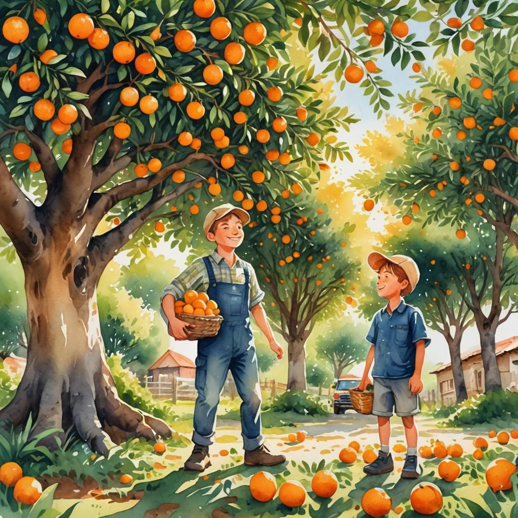 Watercolor Cartoon: Boy and Father Collecting Oranges
