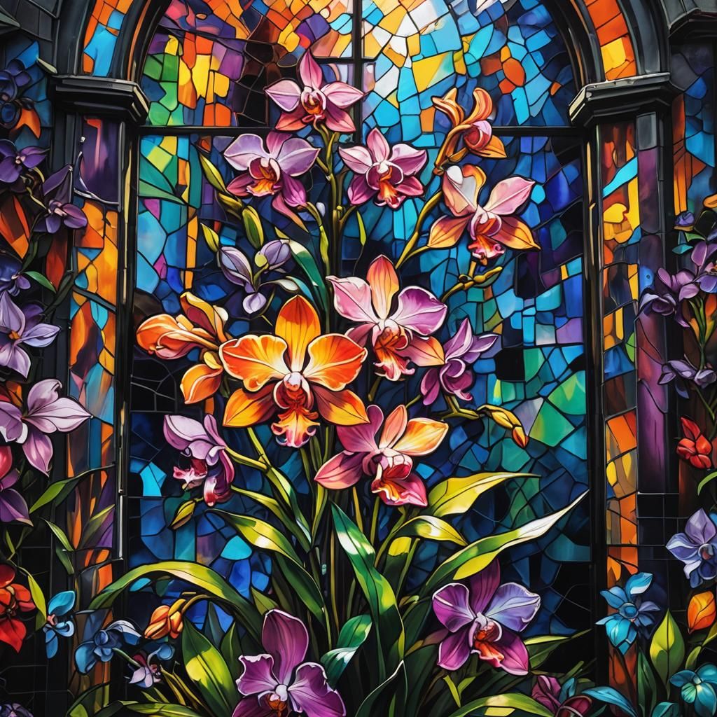 Radiant Orchids: Vibrant Street Art in Stained Glass