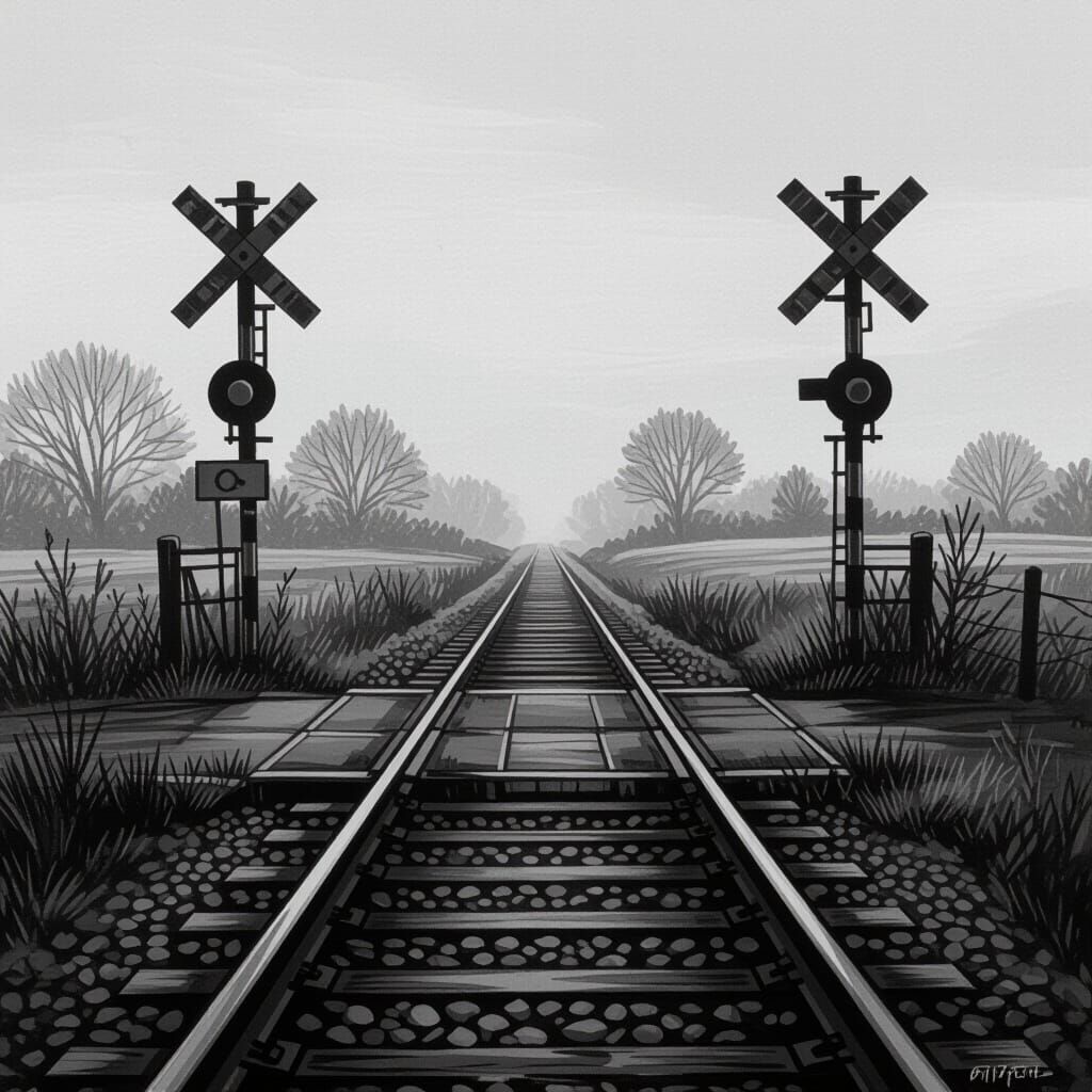 Lonely Railway Crossing in Grayscale Charcoal Sketch