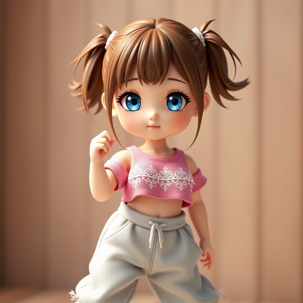 Vibrant Chibi Girl with Pastel Pink Crop Top and Baggy Sweat...