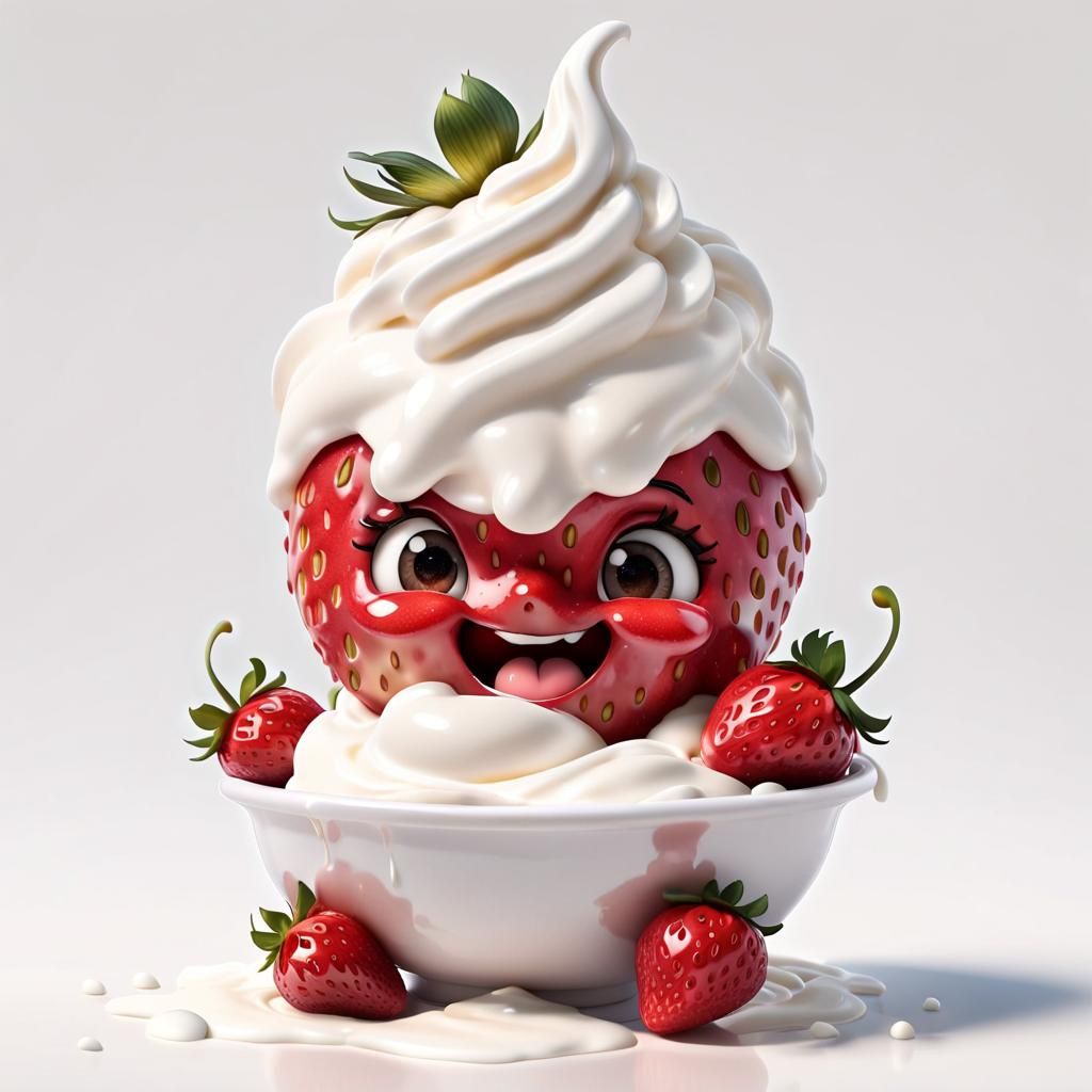 Joyful Chibi Strawberry in Whipped Cream, 3D Render