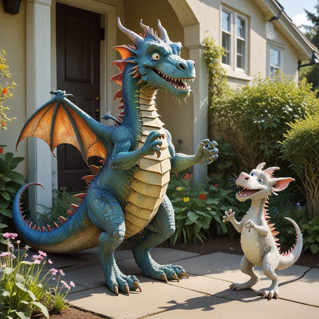 Whimsical Dragons in Sunny Garden, Watercolor Illustration