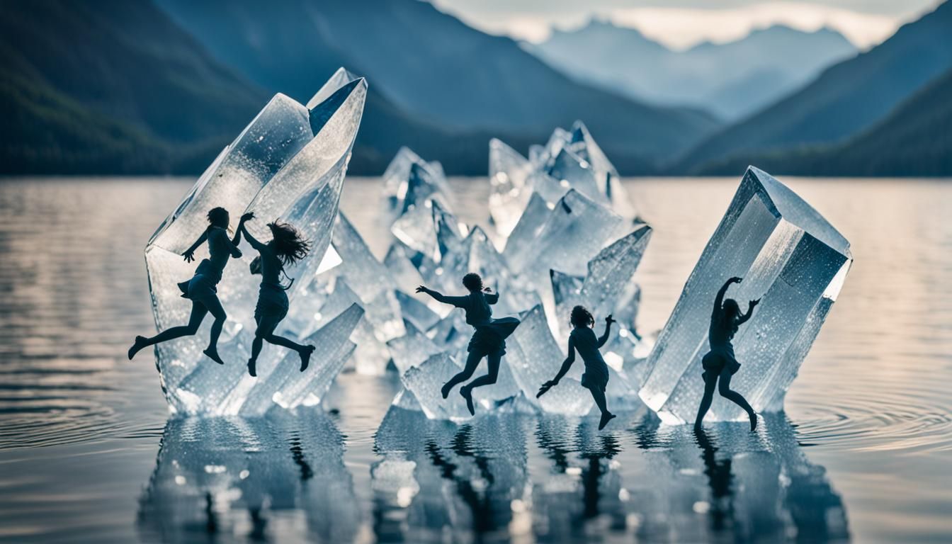 Shattering Crystal Women Sculptures in Mountain Lake