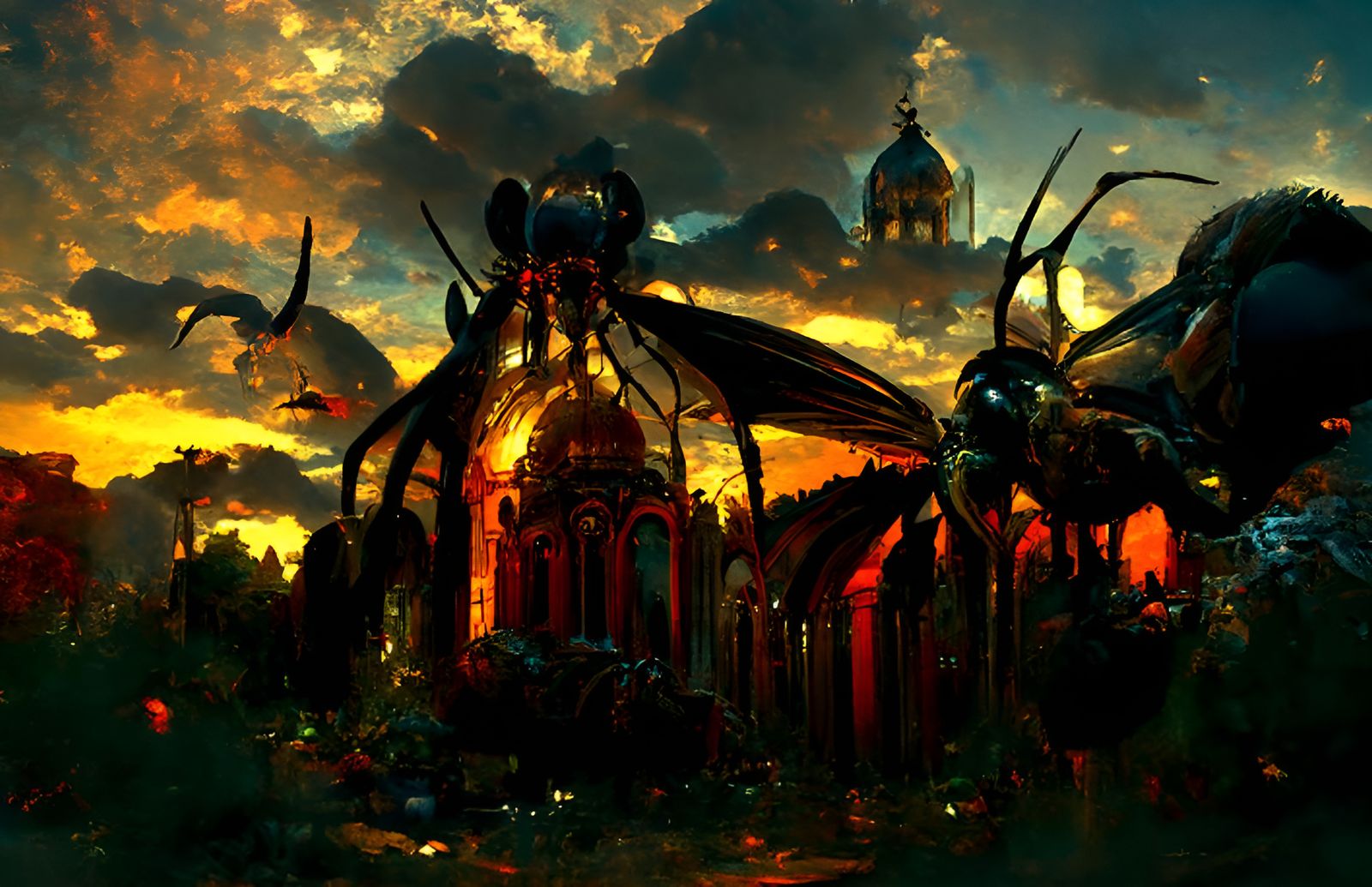 Insect Cathedral at Dusk, Dark Fantasy Art