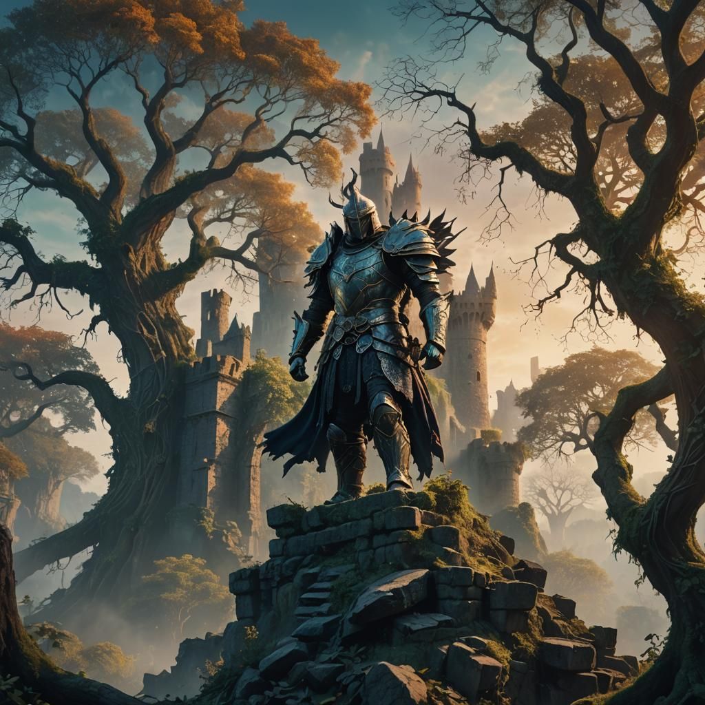 Mystical Warrior on Ruined Castle: Fantasy Concept Art