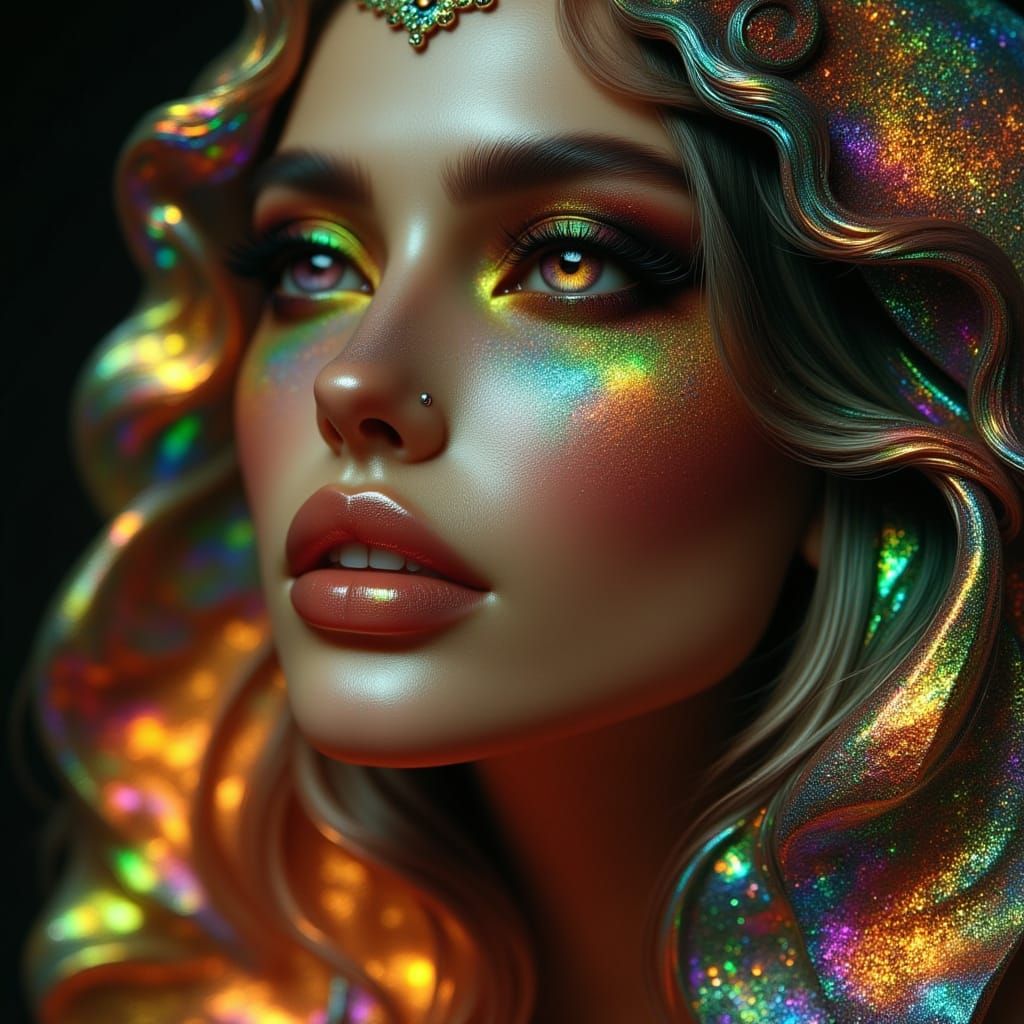 <lora:Iridescent Beauty:1.0> Desirable and alluring  female, focus on face and eyes, slight side view, edgy