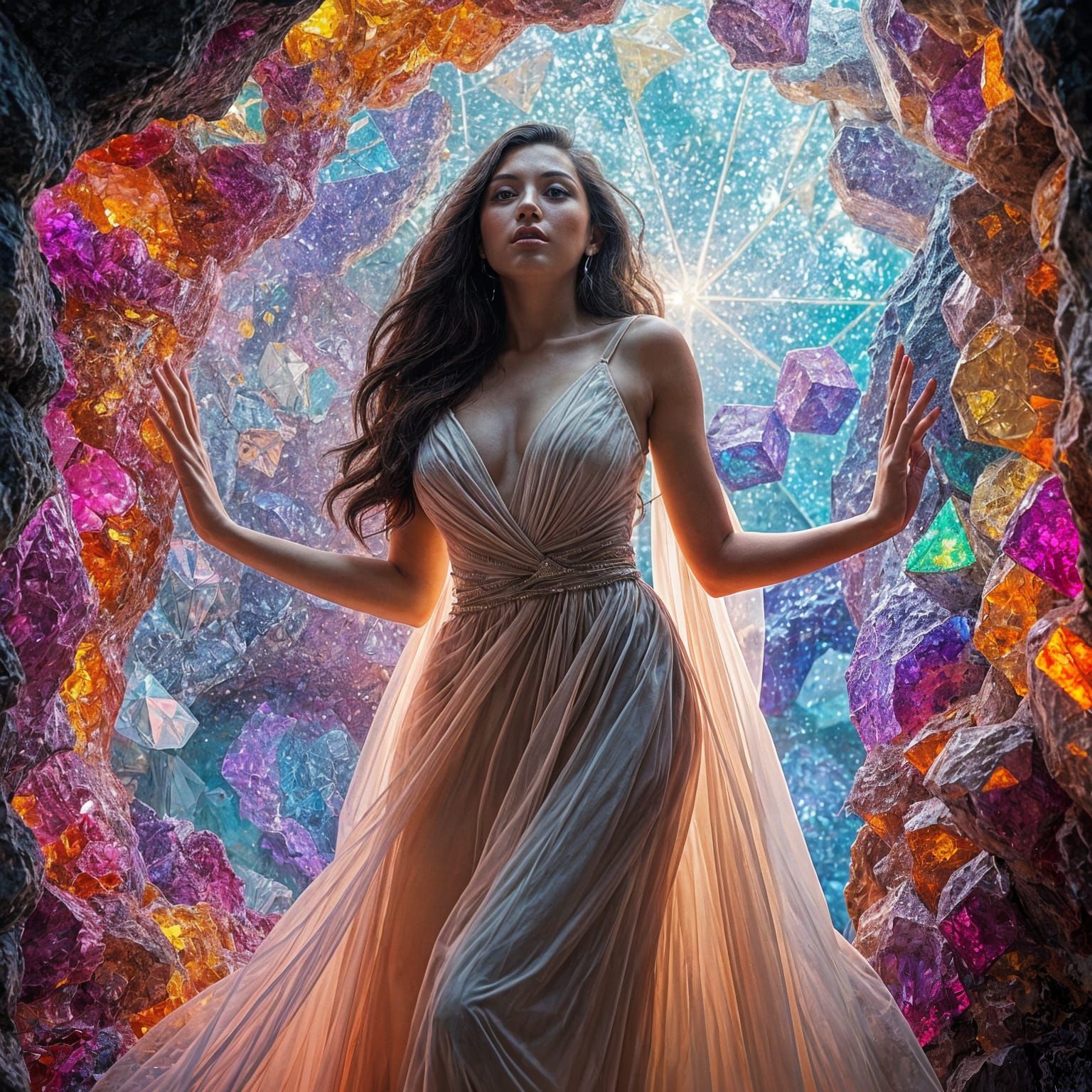 Hyperrealistic Woman Emerges from Light-Emitting Geode